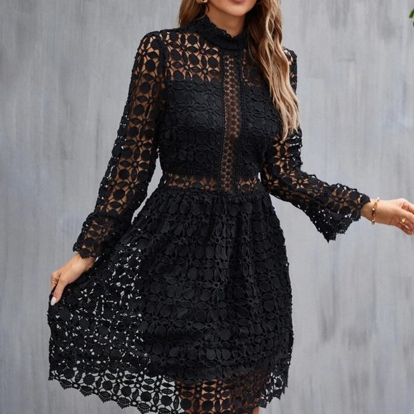 BOHO ELEGANCE Mock Neck Flounce Sleeve Lace Dress BLACK - Picture 4 of 6